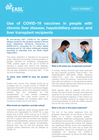 EASL Policy Statement on the Use of COVID-19 Vaccines in People with Chronic Liver Disease, Hepatobiliary Cancer, and Liver Transplant Recipients